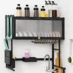 Étagère murale de cuisine multifonction avec égouttoir à vaisselle, rangement ustensiles et flacons à épices – 860 × 290 × 110 cm