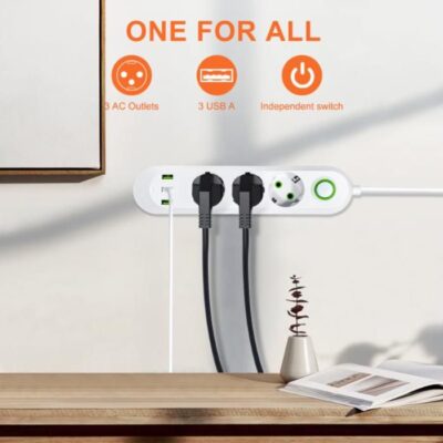 Multiprise intelligente avec ports USB, chargement rapide et sécurité pour maison intelligente.