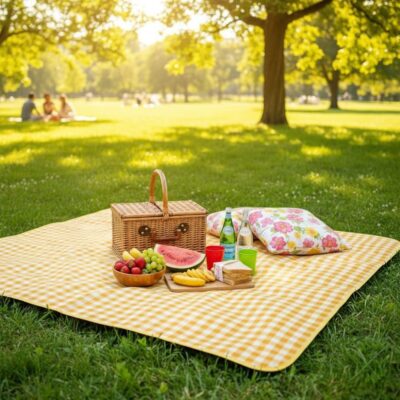 Tapis de Pique-Nique Vichy Jaune – Confort, Style et Praticité en Plein Air