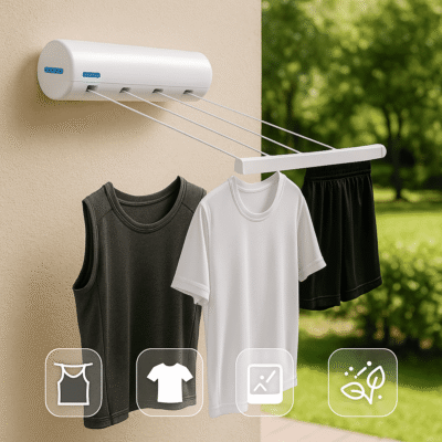 Corde à Linge Escamotable – Plastique Blanc – Gain de Place pour Salle de Bain / Buanderie