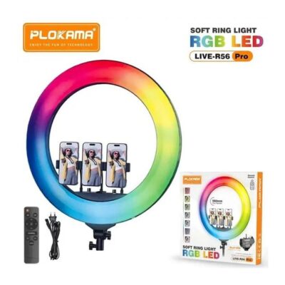 RING LIGHT Anneau lumineux LED RGB Plokama R56 Pro Soft 56 cm - Rotation à 360°, inclinaison et design antidérapant, télécommande sans fil, protection des yeux, luminosité et température de couleur réglables