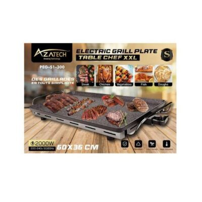 AZATECH Plaque à grillade plancha barbecue électrique granit/acier inoxydable extra large 60x36cm surface résistante aux rayures anti-adhésive thermostat réglable 2000w